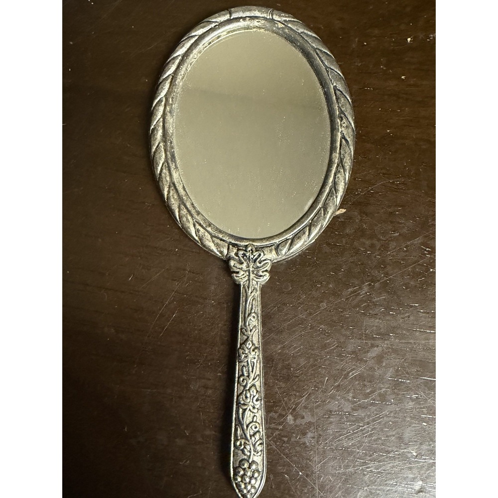 Hand Held Vanity Mirror Silver Plated Metal Victorian Floral Ornate Round Sweet